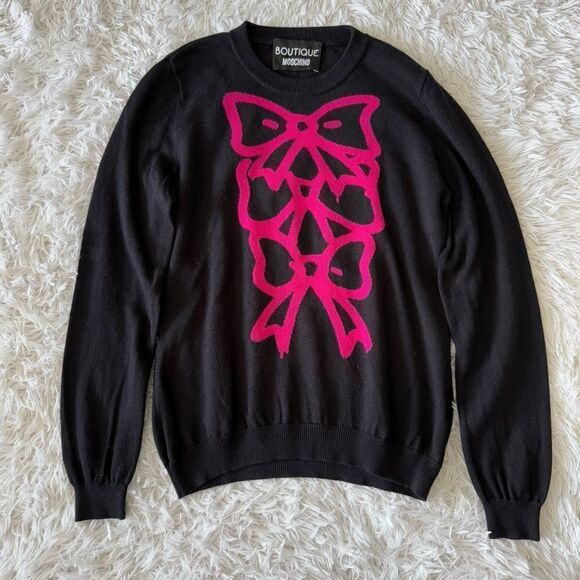Moschino Boutique Black Silk and Cashmere Sweater with Pink Bow Detail Size S - Picture 5 of 7